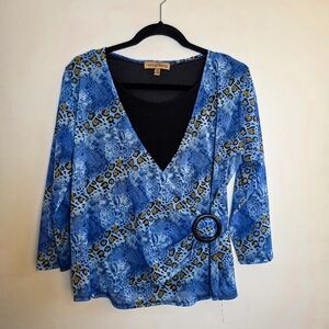 Vintage Y2K Notations Faux Wrap Top — Blue Mixed Print — Size XL